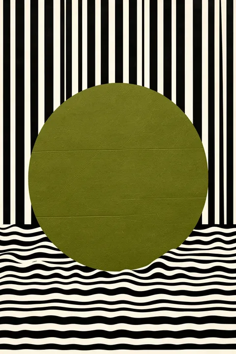Stripes and Waves. A large olive-green circle overlaps black-and-cream vertical stripes above black-and-cream horizontal waves.