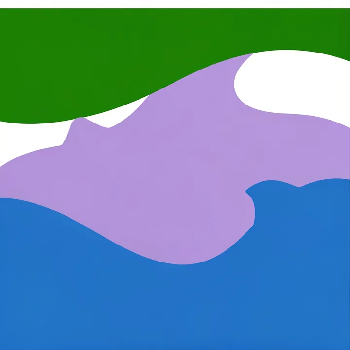 Abstract Layered Landscape. Smooth layered color fields in green, cream, lavender, and blue form an abstract landscape-like composition.