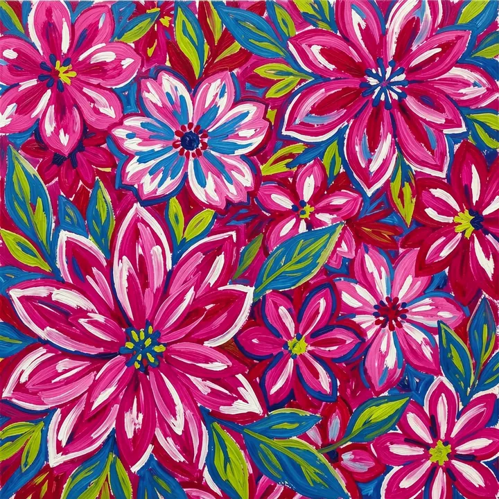 Repeatpat Gardenpath2. A dense repeat pattern of painted pink and white flowers, blue accents, and green leaves covers the image.