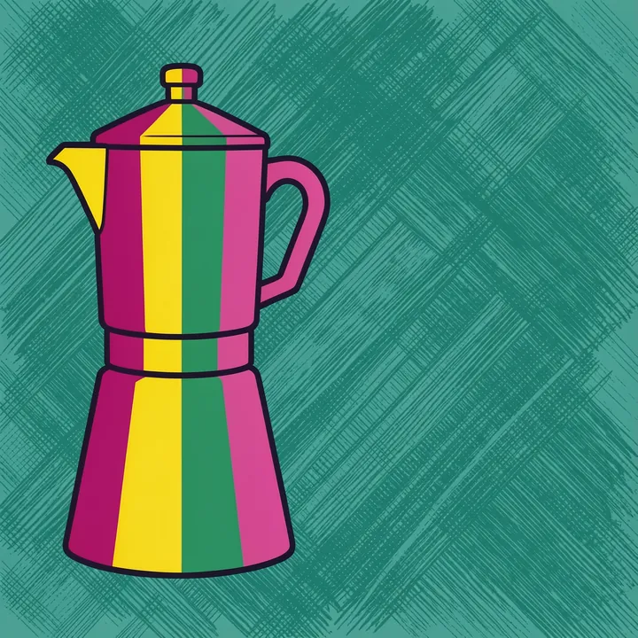 Vibrant Striped Moka. A bright pink moka pot with green and yellow panels is outlined in dark lines against a textured teal background.