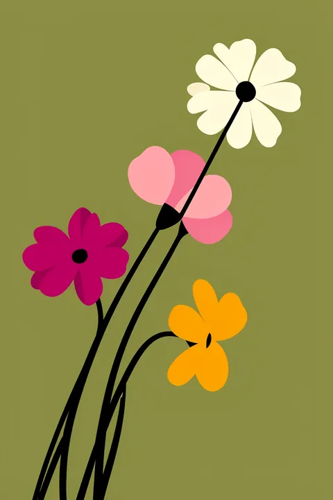Blossoms in Bloom. Four simple flowers in cream, pink, magenta, and orange rise on black stems against olive green.