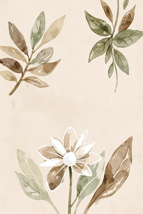 Leafy Whispers. Muted watercolor branches and a white flower with sage, brown, and cream leaves are spaced across warm ivory paper.