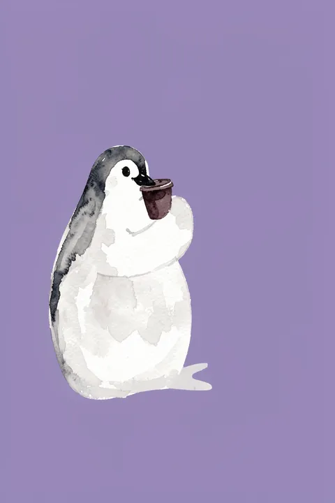 Happy Penguin Hot Drink. A softly shaded black-and-white penguin holds a small brown cup against a solid lavender background.