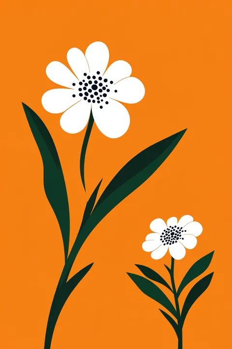 Modern Daisy Duo. Two white daisies with dark dotted centers and deep green leaves sit at different scales against a bright orange background.