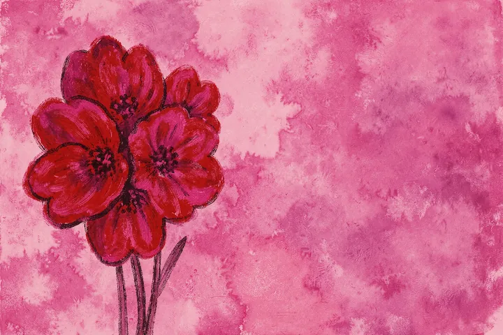 Vibrant Red Floral Garden. Three deep red and magenta blossoms on thin dark stems cluster at the left of a textured pink field.