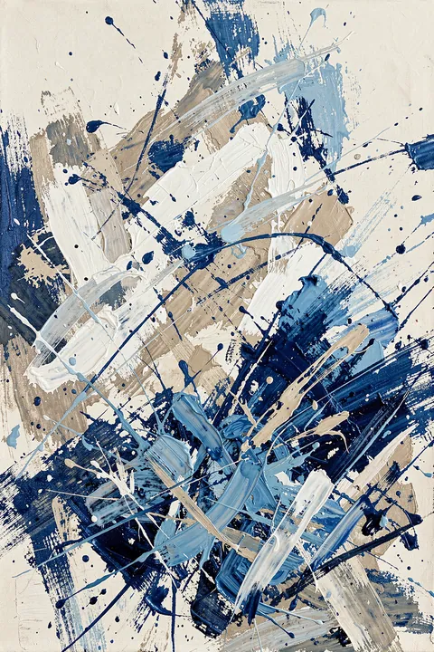 Dynamic Blue Paint Splatter. Energetic navy, pale blue, white, and taupe paint strokes and splatters overlap across a light canvas.