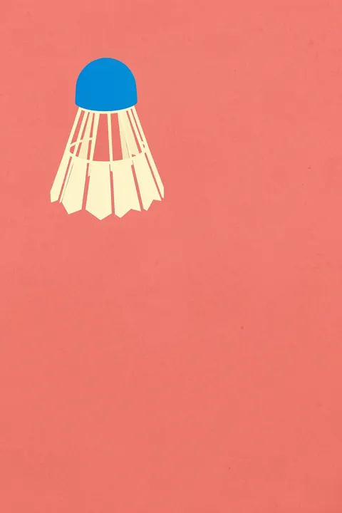 Badminton White Blue. A cream badminton shuttlecock with a bright blue cap floats near the top of a muted coral background.
