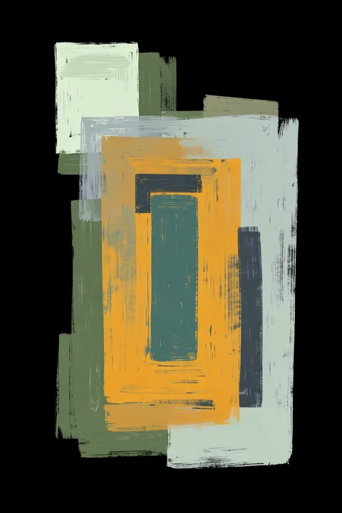 Chalk and Shapes 2. Rough-edged overlapping rectangles in cream, sage, mustard, and charcoal form a layered geometric composition on black.