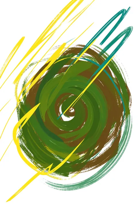 Dynamic Green Swirls. Circular green and brown brush strokes spiral across white, crossed by long sweeping teal and yellow marks.