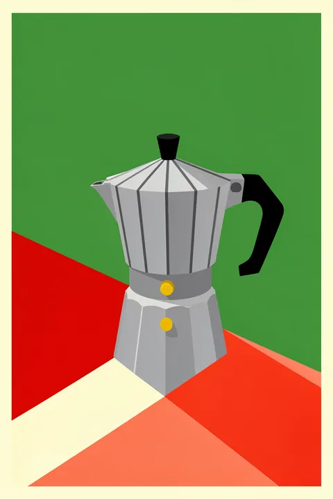 Espresso Italiano. A silver octagonal stovetop coffee maker stands against a green field above red, coral, and cream geometric shapes.