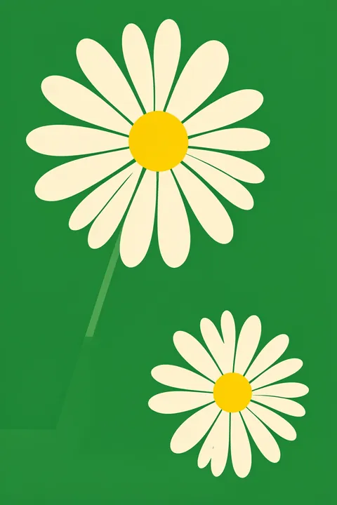 Magharit. Two large cream daisies with yellow centers and green stems stand against a saturated green background.