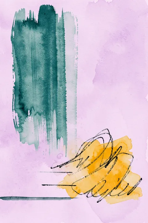Vibrant Abstract Nature. Loose teal and ochre watercolor brush marks and black sketch-like loops form an abstract composition on pale lavender.