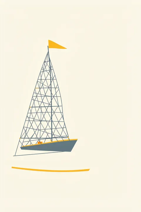 Blue Sailboat Illustration. A fine-lined blue-gray sailboat with a yellow flag and trim floats above a single curved yellow stroke on ivory.