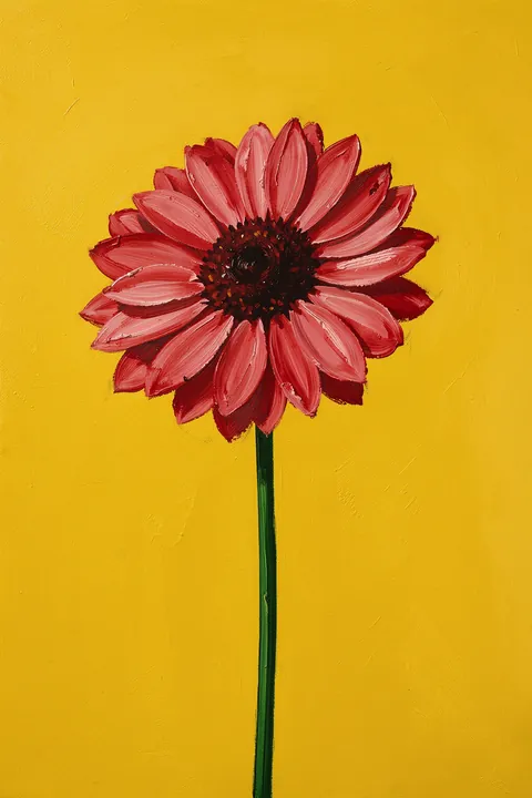 Petal dream. A single textured pink-red flower with layered pointed petals and a dark center stands on a long green stem against yellow.