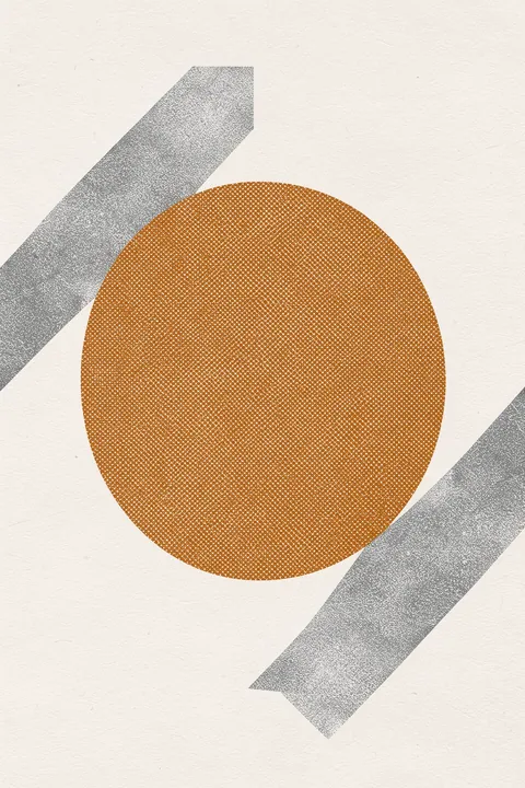 Golden Fusion. A large textured ochre circle sits between two broad angled gray bands on a lightly speckled ivory background.
