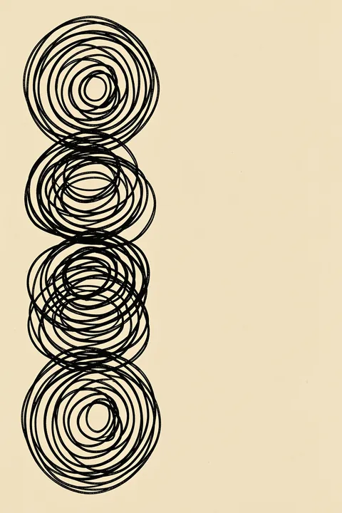 Blackswirl. Four stacks of irregular black concentric loops run vertically down the left side of a warm cream field.
