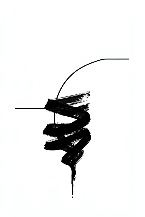 Dynamic Ink Strokes. A dense black brushstroke twists through the center, crossed by thin curved and horizontal lines on white.