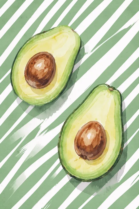 Avocado Stripes. Two watercolor avocado halves with brown pits sit diagonally over pale green and white diagonal stripes.