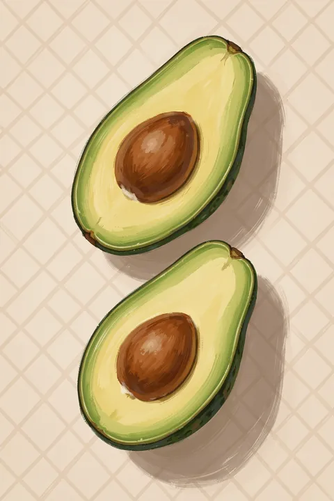Fresh Cut Avocados. Two pale green avocado halves with brown pits are arranged diagonally on a lightly drawn beige grid.