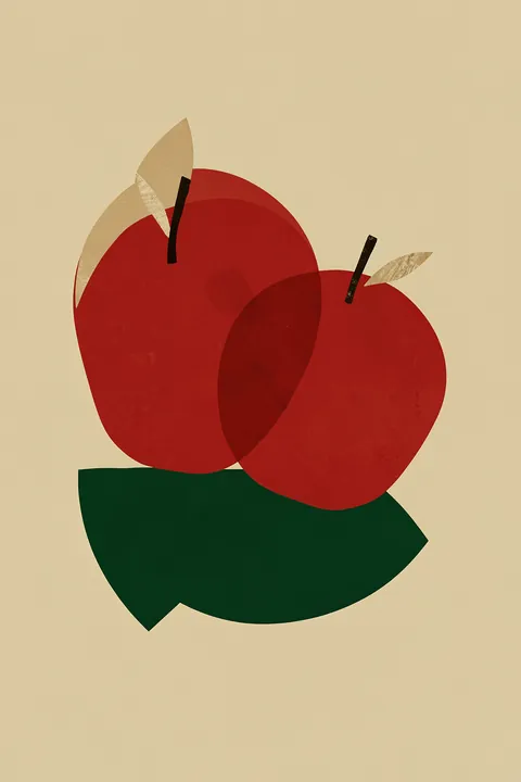 Two Red Apples. Two overlapping red apples with dark stems and tan leaves sit above a broad dark green leaf on beige.
