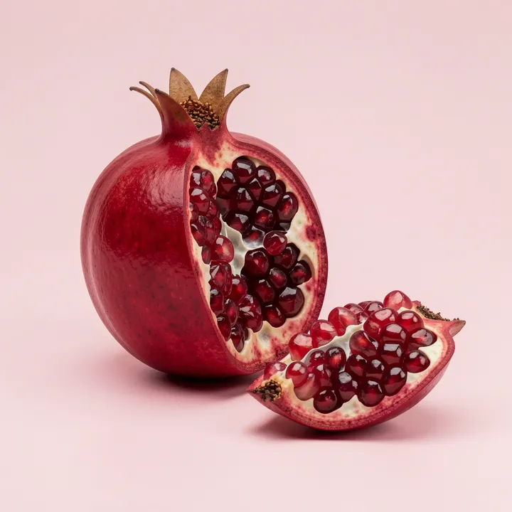 Ruby Pomegranate Geode. A whole red pomegranate and a cut half showing glossy dark red seeds rest against pale pink.