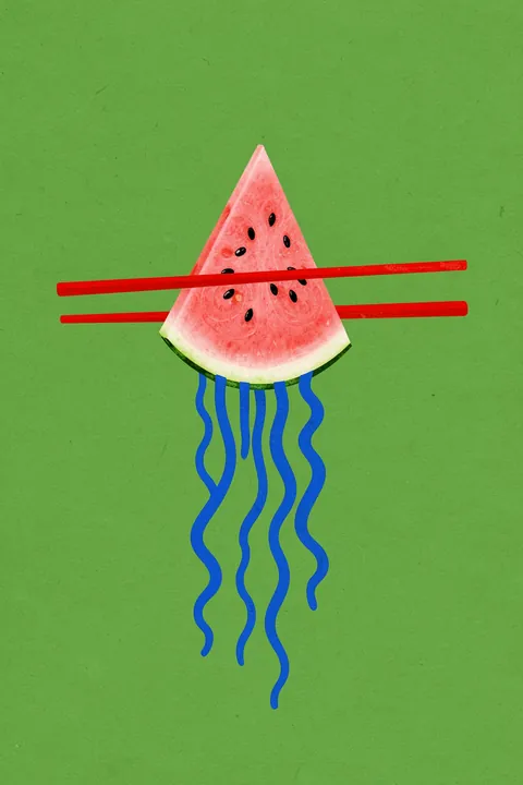 Hollywood Ramen. A watermelon wedge with black seeds is crossed by two red horizontal sticks, with blue wavy lines trailing below on green.