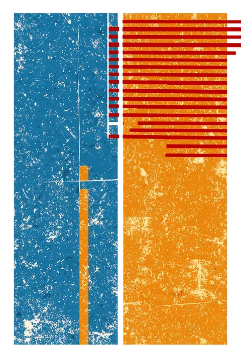 Abstract Blue Orange Geometry. Distressed blue and orange vertical blocks are overlaid with evenly spaced red horizontal bars on white.