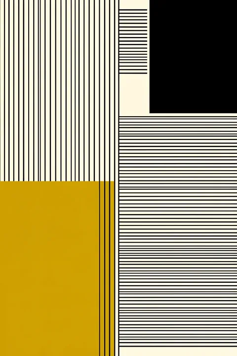 Abstract Lines and Shapes. Black vertical and horizontal lines divide cream and mustard blocks, with a solid black rectangle in the upper right.