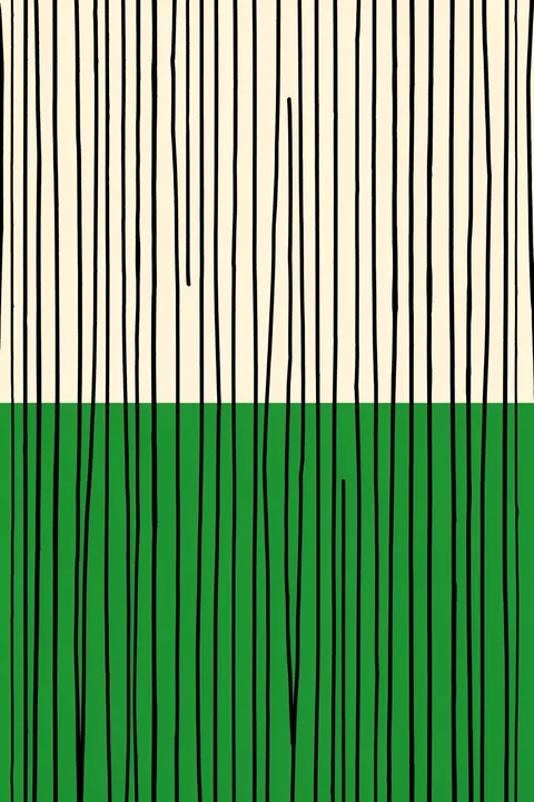 Vertical Green Lines Abstract. Uneven black vertical lines cross a cream upper field and a solid green lower band.
