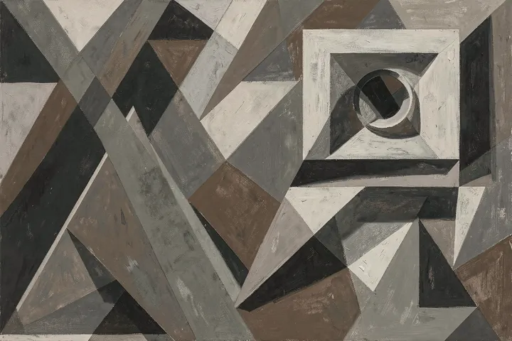 Crystal Gradation 1921. Overlapping angular forms in charcoal, gray, taupe, and cream create a dense geometric pattern with nested square frames.
