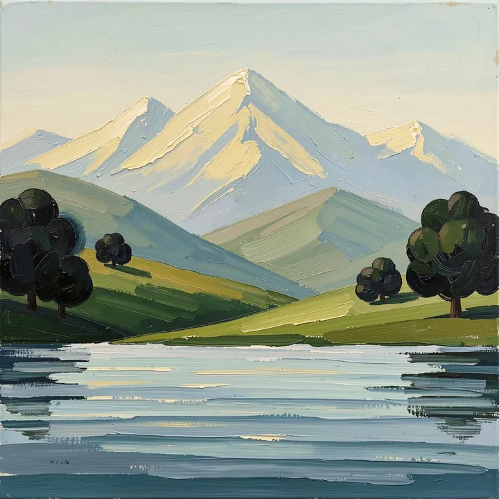 Peaceful River Mountains. A painted river spans the foreground beneath green hills, dark trees, and pale blue-gray mountains.