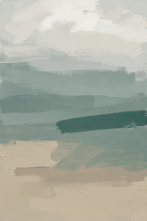 Misty Mountain Dreams. Layered horizontal brushstrokes in pale gray, sage, teal, and beige fill the composition without distinct objects.