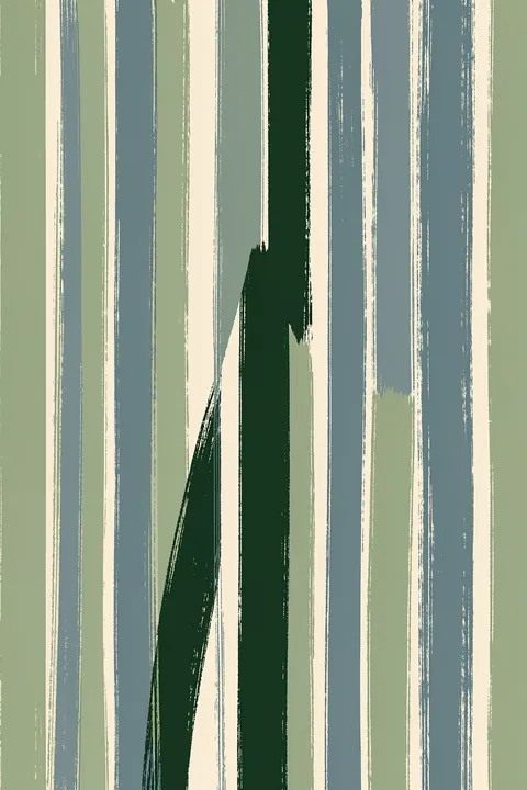 Vertical Whispers. Uneven vertical brushstrokes in sage, slate, cream, and deep green form an abstract striped composition.