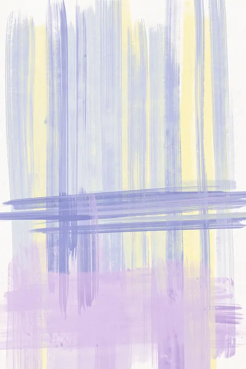 Pastel Serenity. Soft vertical lavender and pale yellow strokes are crossed by broad horizontal bands of translucent blue-violet.