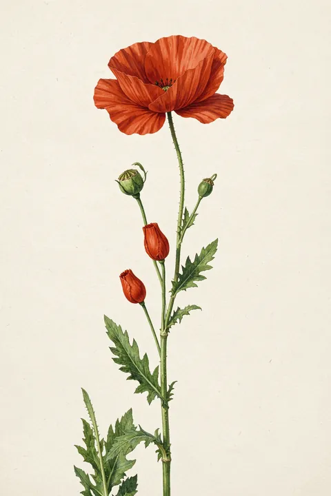 Scarlet Globe Mallow From North American Wildflowers (1925) By Mary Vaux Walcott. A tall orange-red flower with two closed buds and jagged green leaves rises on slender stems against ivory.