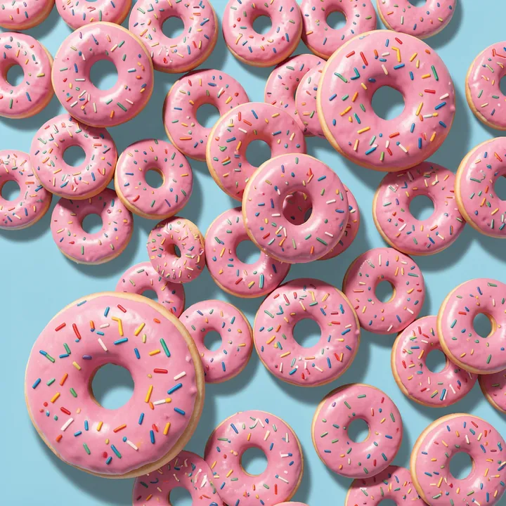 Sweet Pink Donuts. Rows of pink-frosted ring donuts with colorful sprinkles overlap across a pale cyan background.
