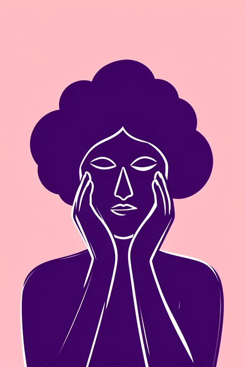 Big Happy Smile. A dark purple stylized figure with a large rounded hairstyle rests both hands against the face on a pale pink background.