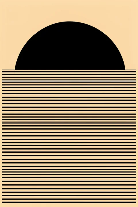 Black Sun Horizon Lines. A large black semicircle sits above closely spaced horizontal black lines on a warm peach background.