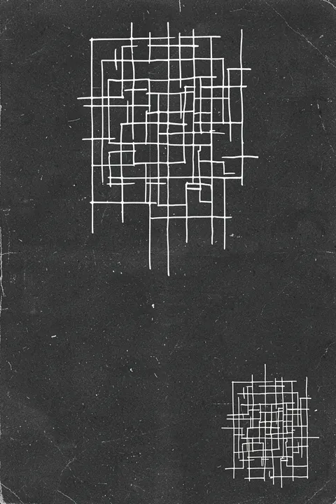 Dark Minimalist Maze. Irregular white intersecting lines form two compact maze-like grids on a dark charcoal, lightly scratched field.