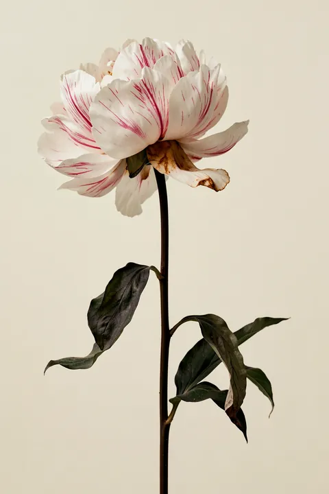 Delicate White Peony. A single white peony with fine pink markings and dark green leaves rises on a slender stem against ivory.