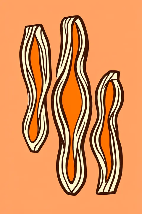 Organic Wavy Stripes. Three tall wavy shapes with cream and dark brown outlines enclose orange centers against peach.
