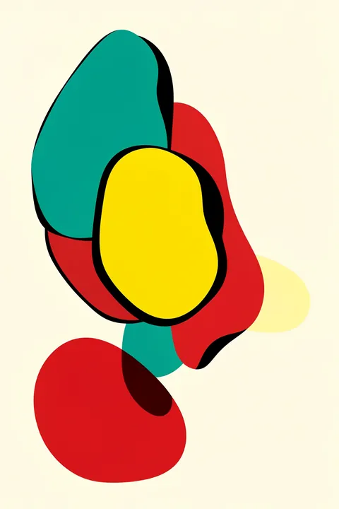 Vibrant Organic Shapes. Overlapping bold teal, red, and yellow organic shapes with thick black contours form a vertical composition on cream.