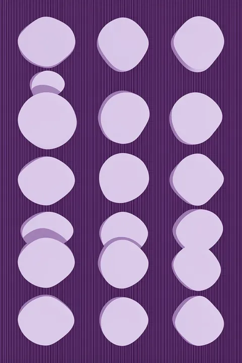 Hot Hot Hot Purple. Rows of pale lavender rounded forms repeat over a dark purple background of fine vertical stripes.