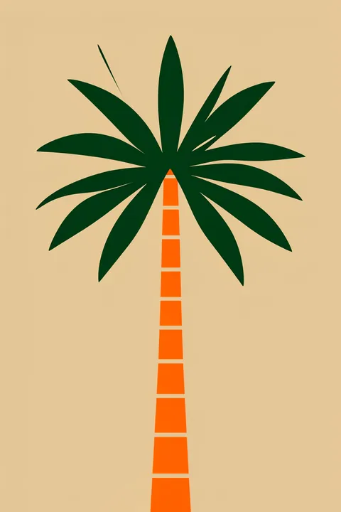Tropical Palm Tree. A stylized palm tree with a segmented orange trunk and dark green fronds stands against beige.