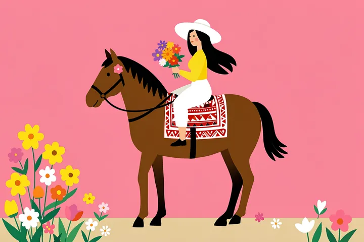 Bohemian Horseback Ride. A woman in a white hat rides a brown horse and holds flowers, framed by colorful blooms against a pink sky.
