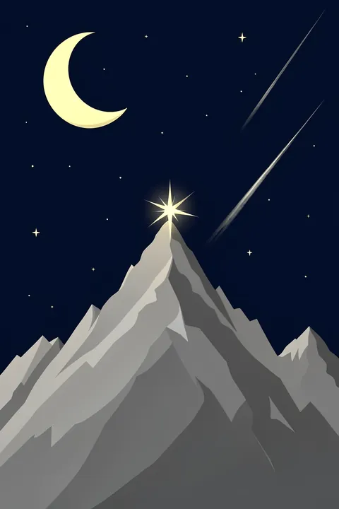 Starry Mountain Night. A crescent moon and scattered stars hang over angular gray mountains, with a bright star above the central peak.