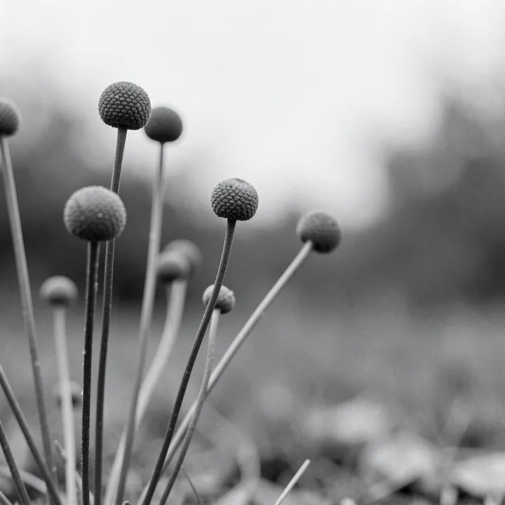 Delicate Garden Buds. Slender dark stems with round textured buds rise in soft focus against a blurred grayscale garden background.