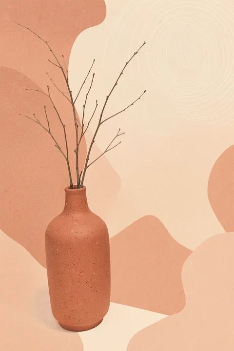 Earthy Abstract Vase. A speckled terracotta vase with bare branches sits among muted peach shapes and a fine cream spiral on a pale ground.