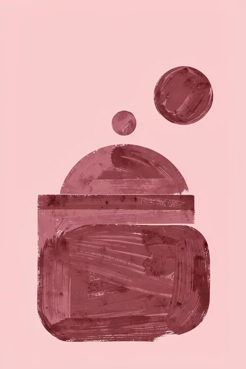 Earthy Geometric Balance. Dusty rose and mauve rounded forms, including a large oval and smaller circles, overlap against a pale pink background.