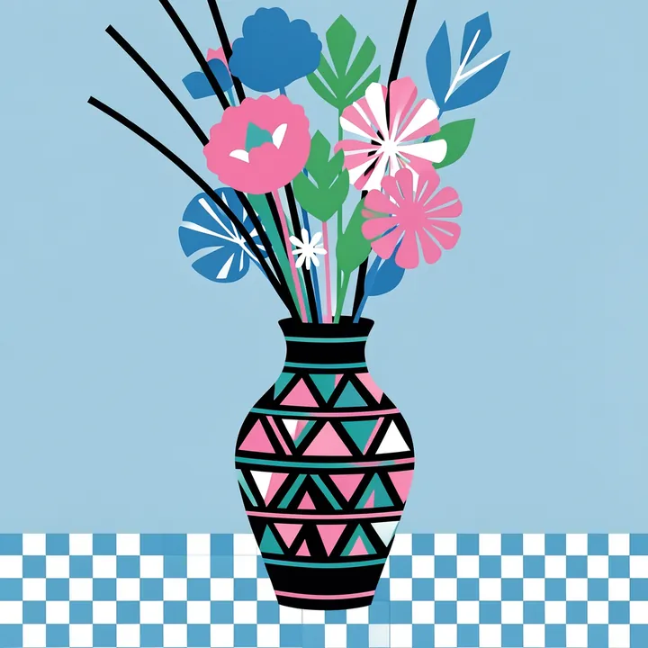 Abstract Patterned Vase Flowers. A colorful black-outlined vase with geometric bands holds stylized pink, blue, and white flowers above a blue-and-white checkerboard strip.